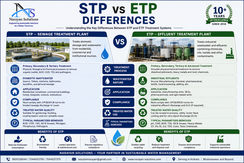 Comparison of STP and ETP wastewater treatment systems for domestic and industrial applications.