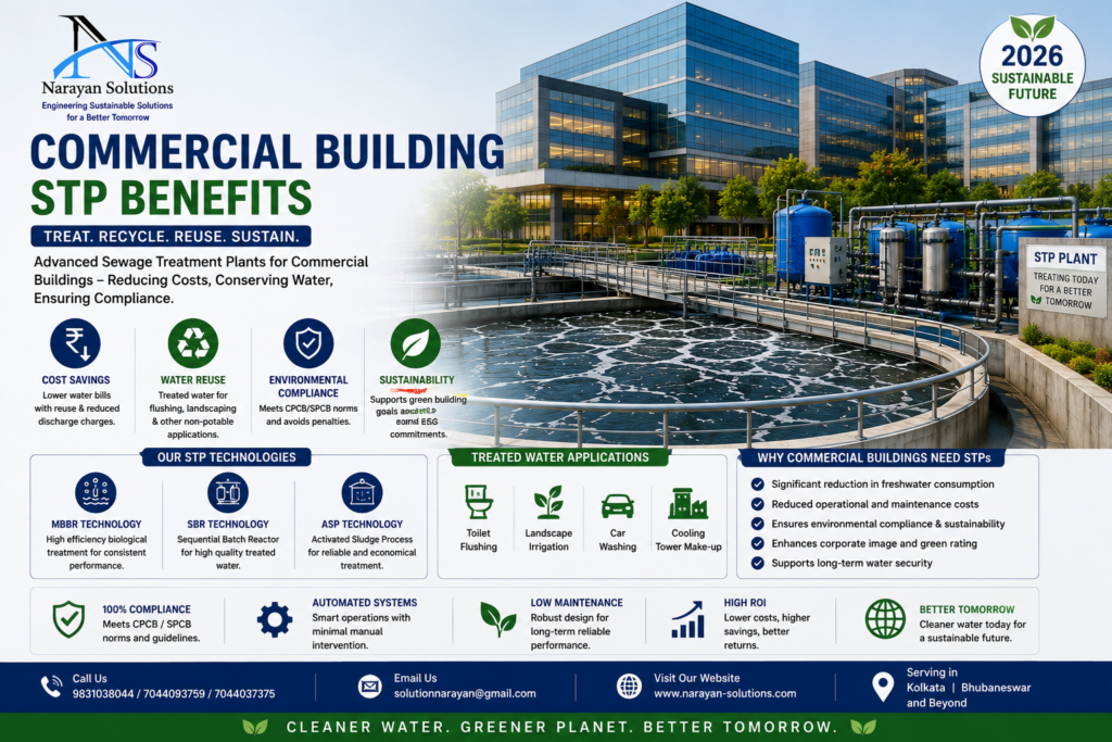 Modern sewage treatment plant serving a commercial building for wastewater recycling and compliance.