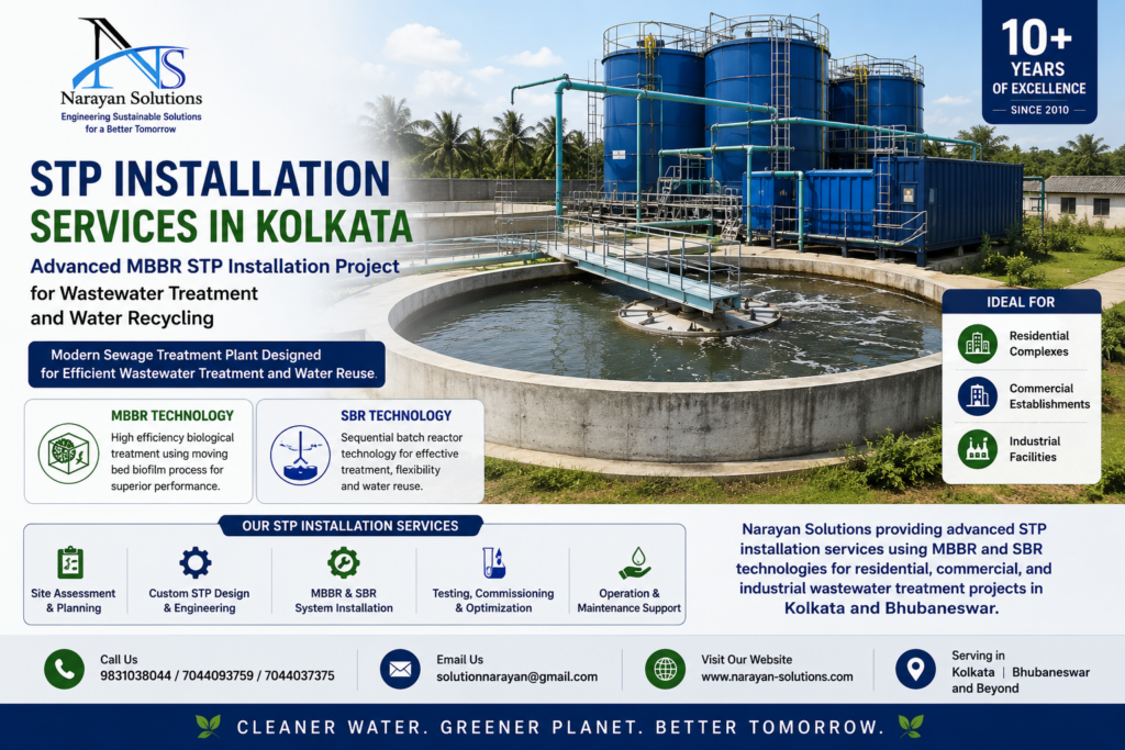 Advanced MBBR STP installation project by Narayan Solutions for wastewater treatment and water recycling.